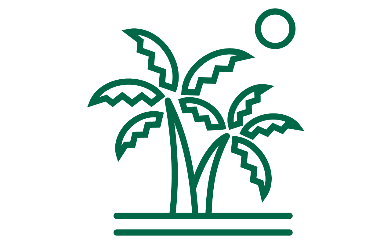 Line drawing of palms on an island with the sun in the background. 