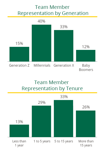 Team member representation by generation and tenure. Select image for full description.